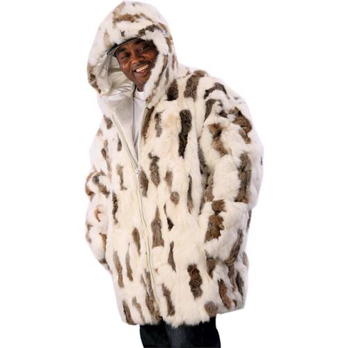 Hind Natural Brown/White Genuine Rabbit Fur 3/4 Length Jacket w/ Hood 2502-N